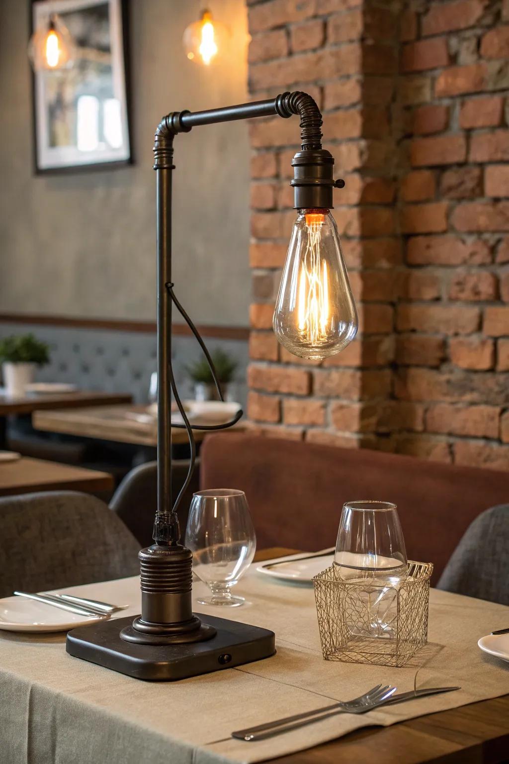 An industrial metal table lamp, complete with an exposed bulb, sits on a restaurant table against a brick wall backdrop.