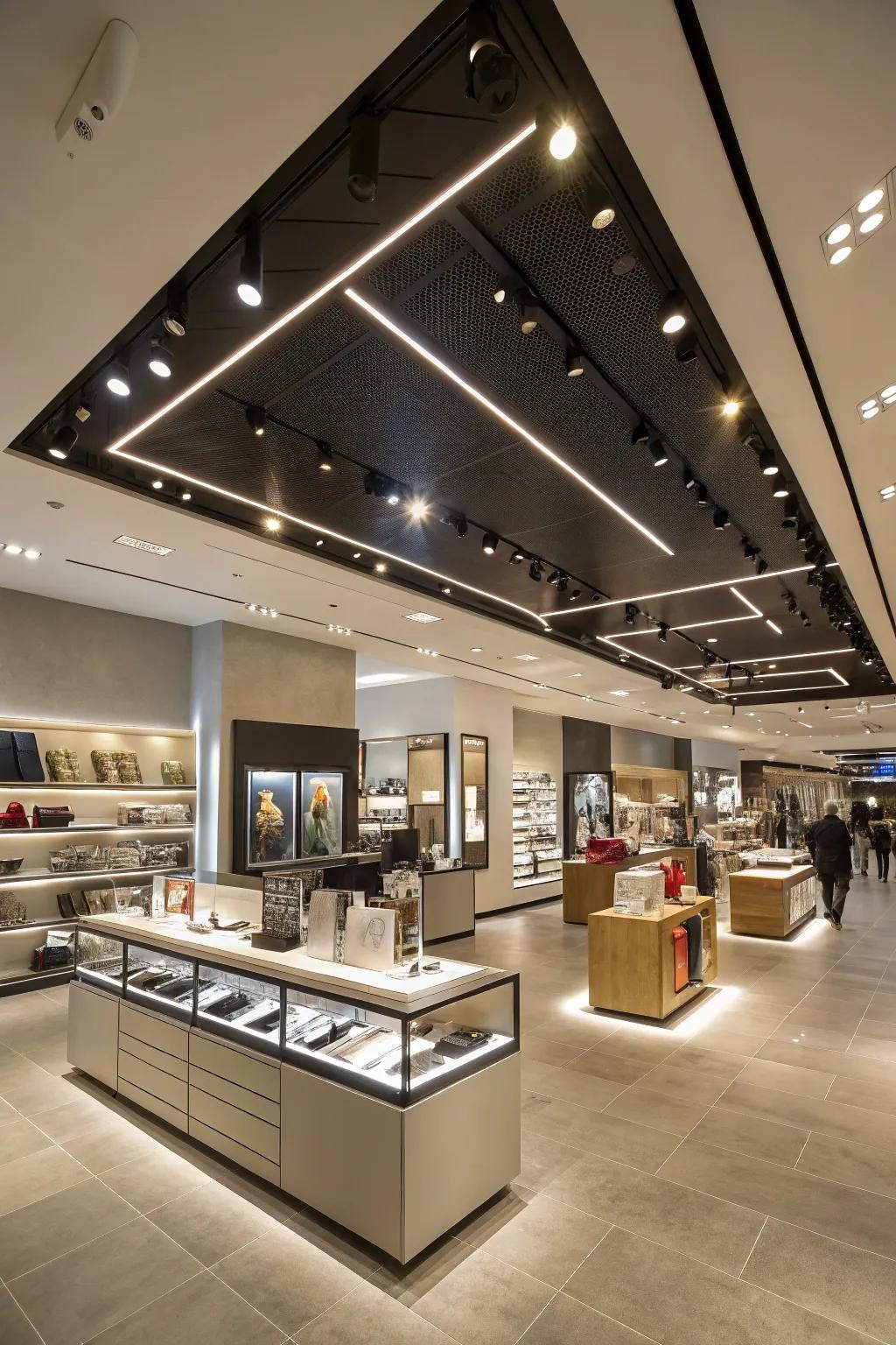 Structural lighting enhancing the store's structural components.