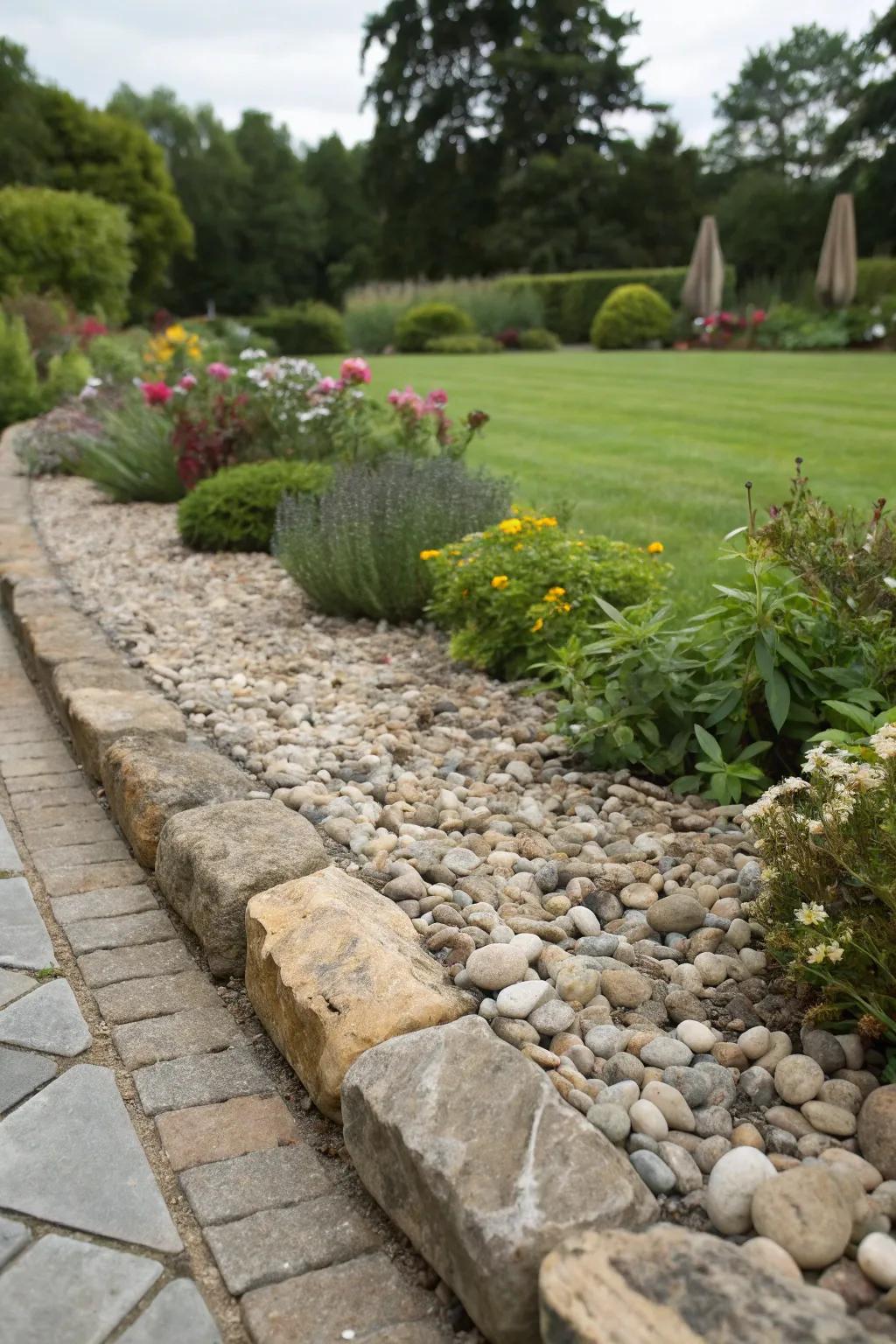 A garden's periphery integrates stone and grit elements, providing a cohesive, layered visual.