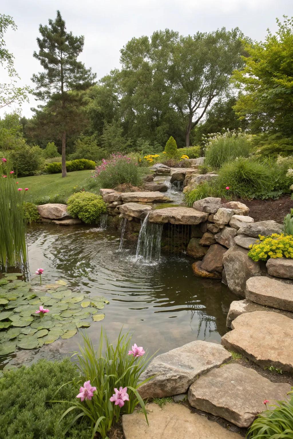 A stone water element contributes peacefulness and motion to the garden.