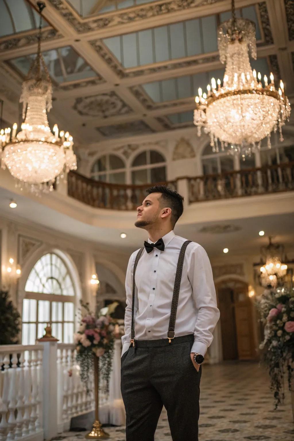 A groom embodies rockabilly charm in suspenders and a bow tie.