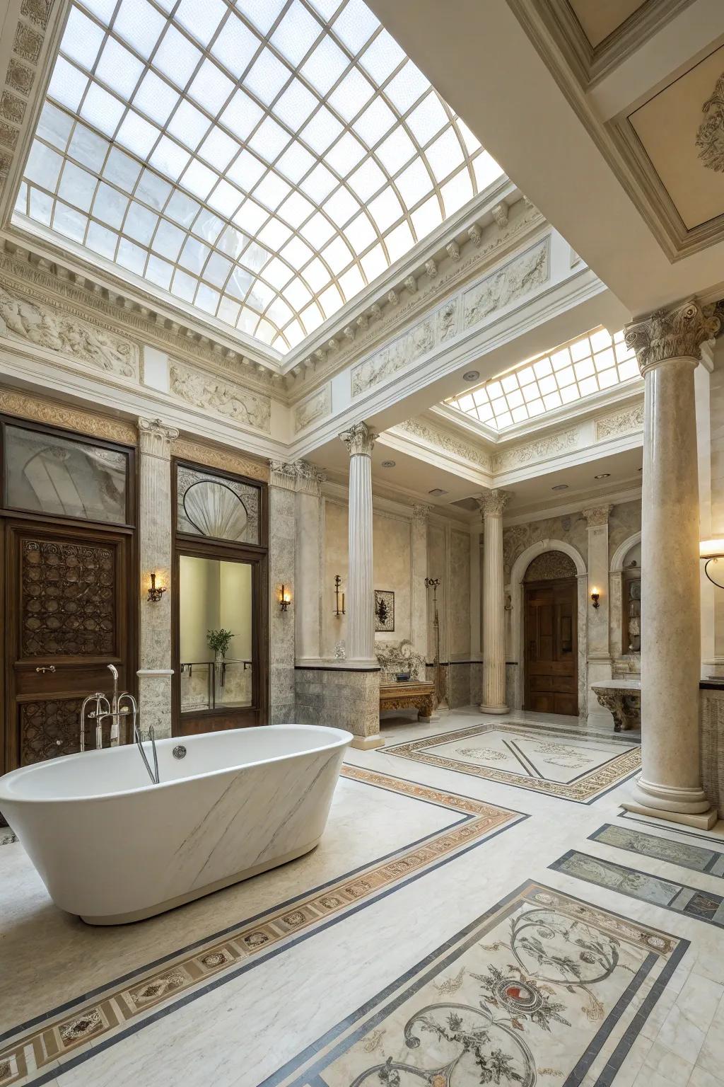 An expansive design enhances the grandeur of a Roman-inspired washroom.