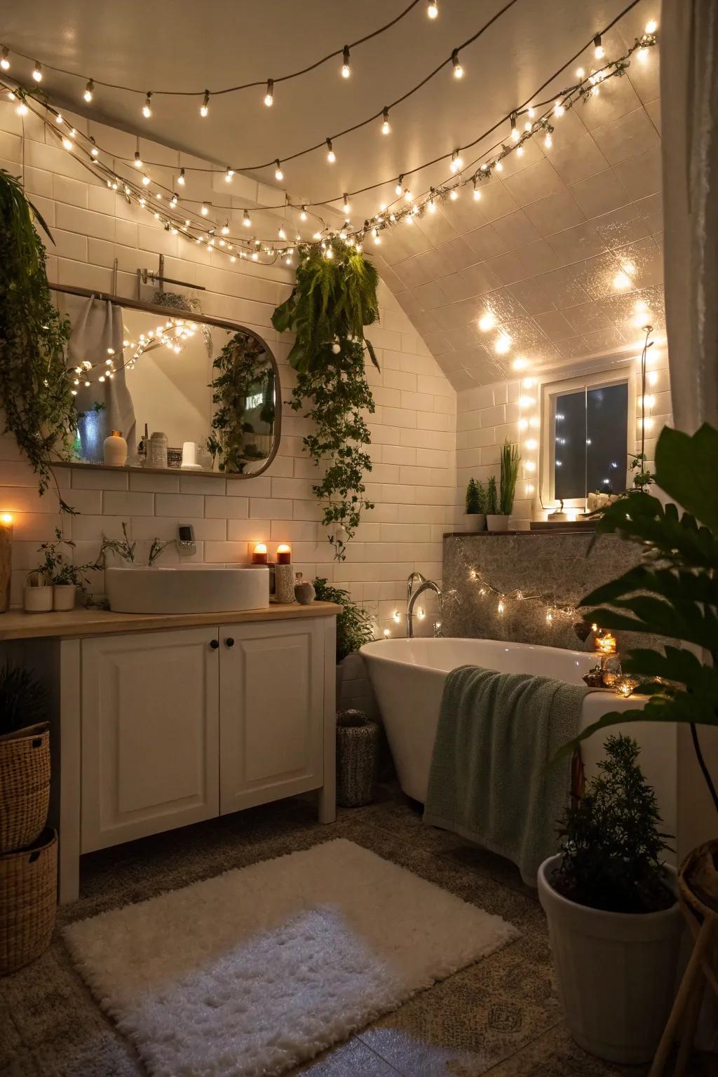 Twinkling lights add enchantment to your romantic bath setting.