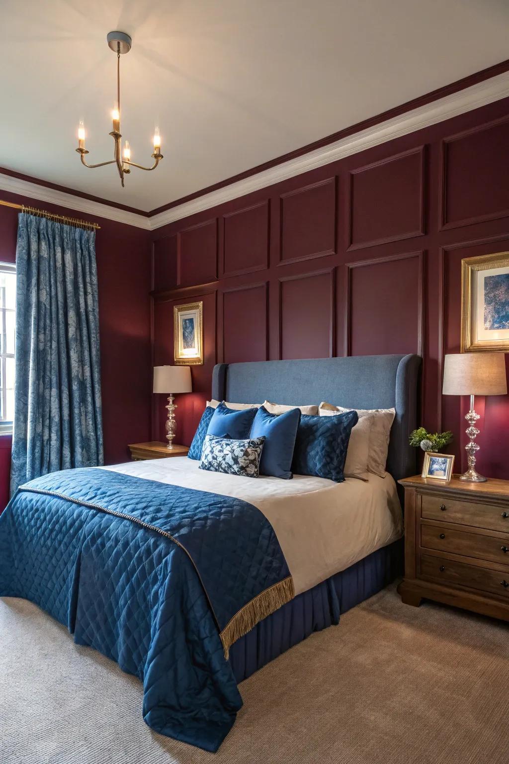Profound shades such as wine red and aristocratic blue create a majestic ambiance in this bedroom.