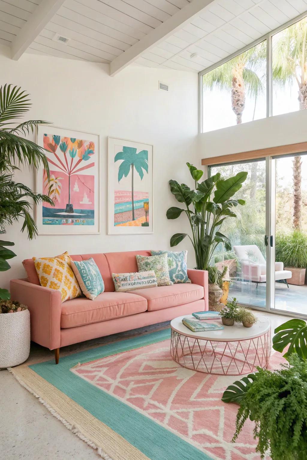 A modern living room infused with Tropical Modern vibrant colors, reflecting a vivacious and joyful atmosphere.