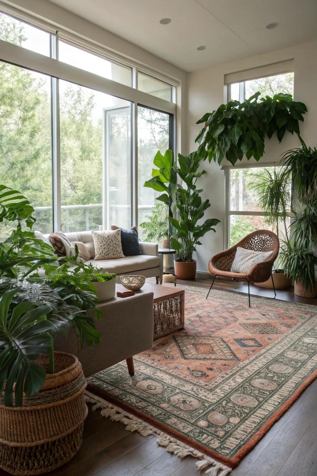 A modern space revitalized with plants and a unique rug.