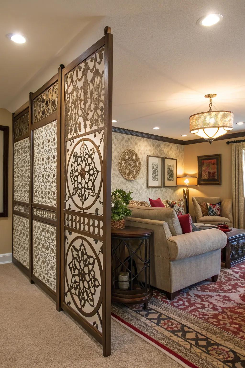 A living room featuring a low wall showcasing detailed patterns, functioning as an artistic divider.