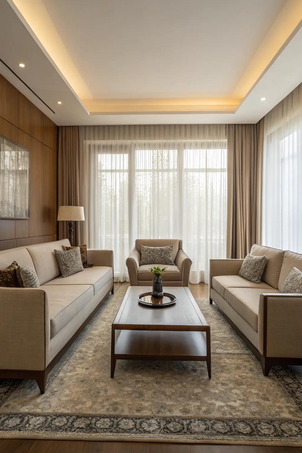 A balanced arrangement of furniture for a living room.