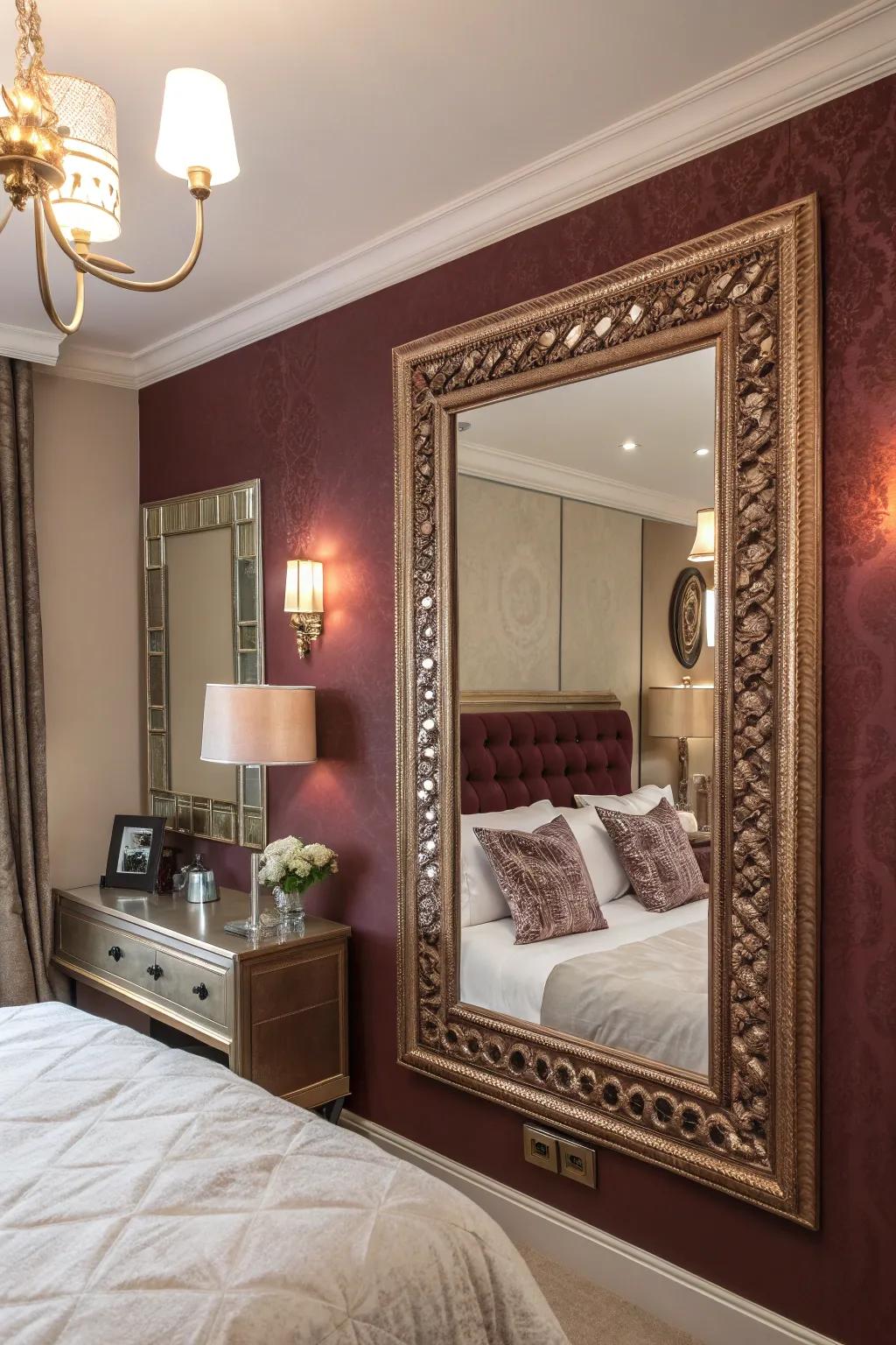 A petal metal framed looking glass enhances the area's style and feeling of area.