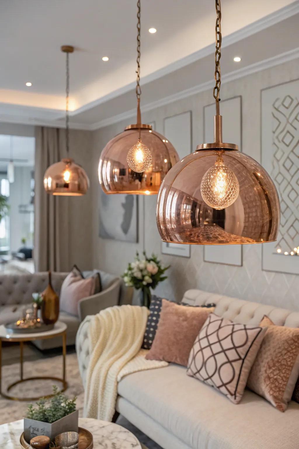 Rose gold suspended lights give warmth and elegance to the space.