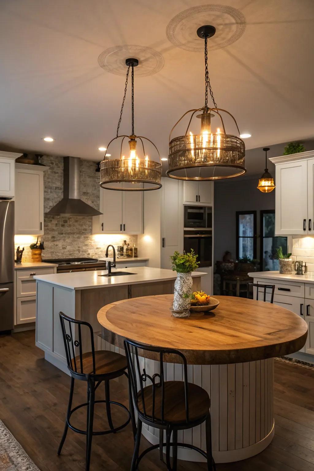 Hanging lights enhance the looks of a circular kitchen island.