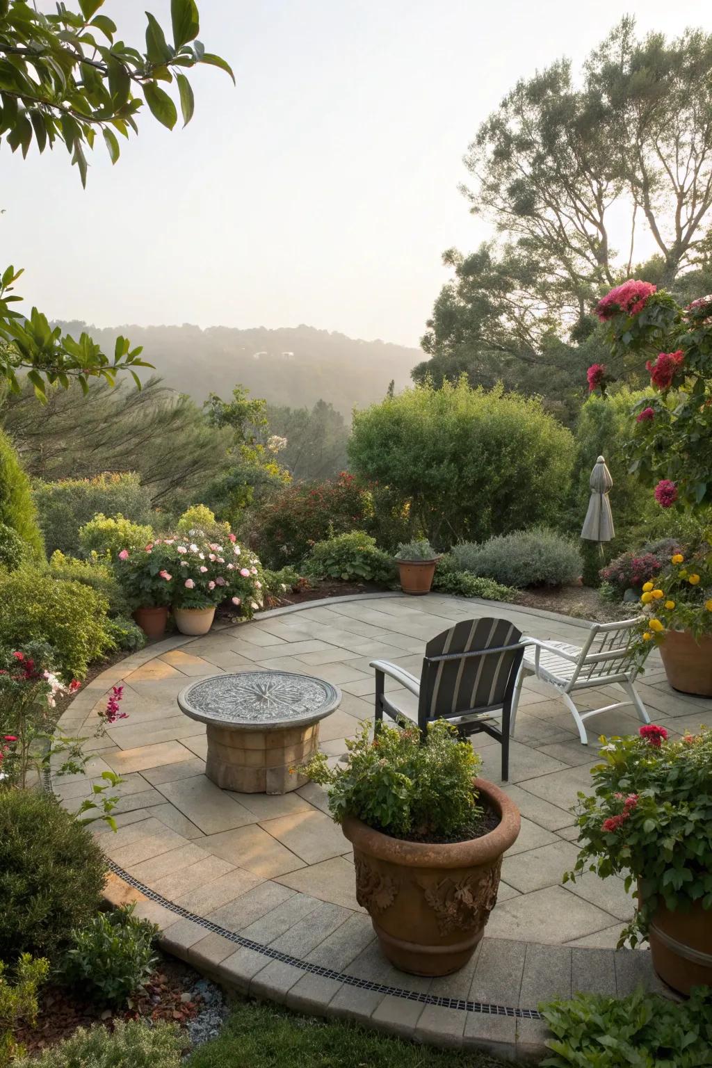 Green foliage surrounds this circular patio, crafting a serene outdoor area.