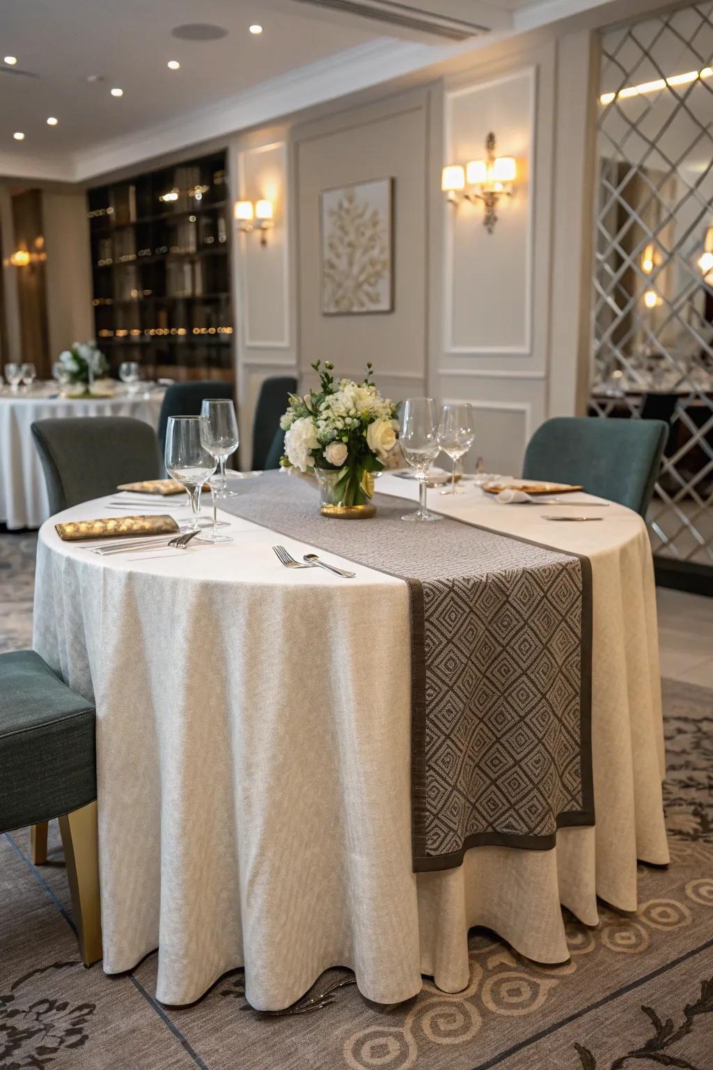 Tiering fabrics enriches table settings with depth.