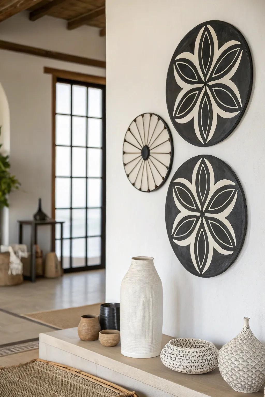 A minimalist space featuring black and white circular wall decor for an elegant look.