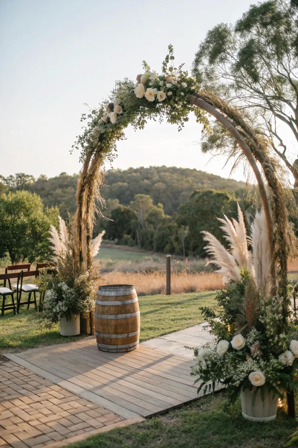 A down-to-earth circular wedding arch featuring grass plumes and branches.