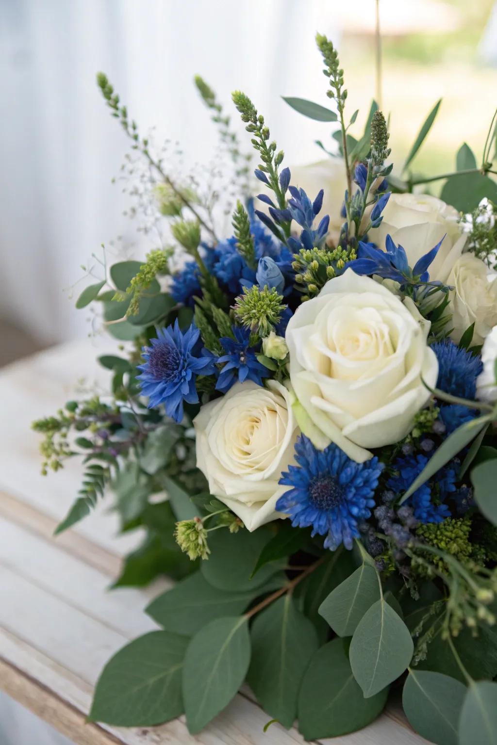A lively floral composition featuring royal blue blossoms.