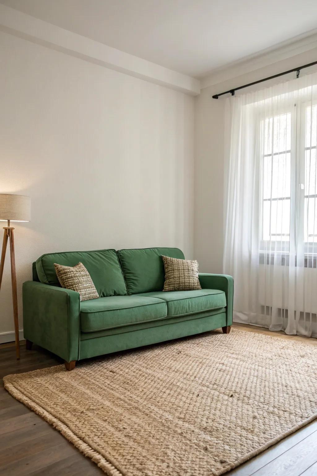 Neutral tones accentuate the natural allure of a green couch.