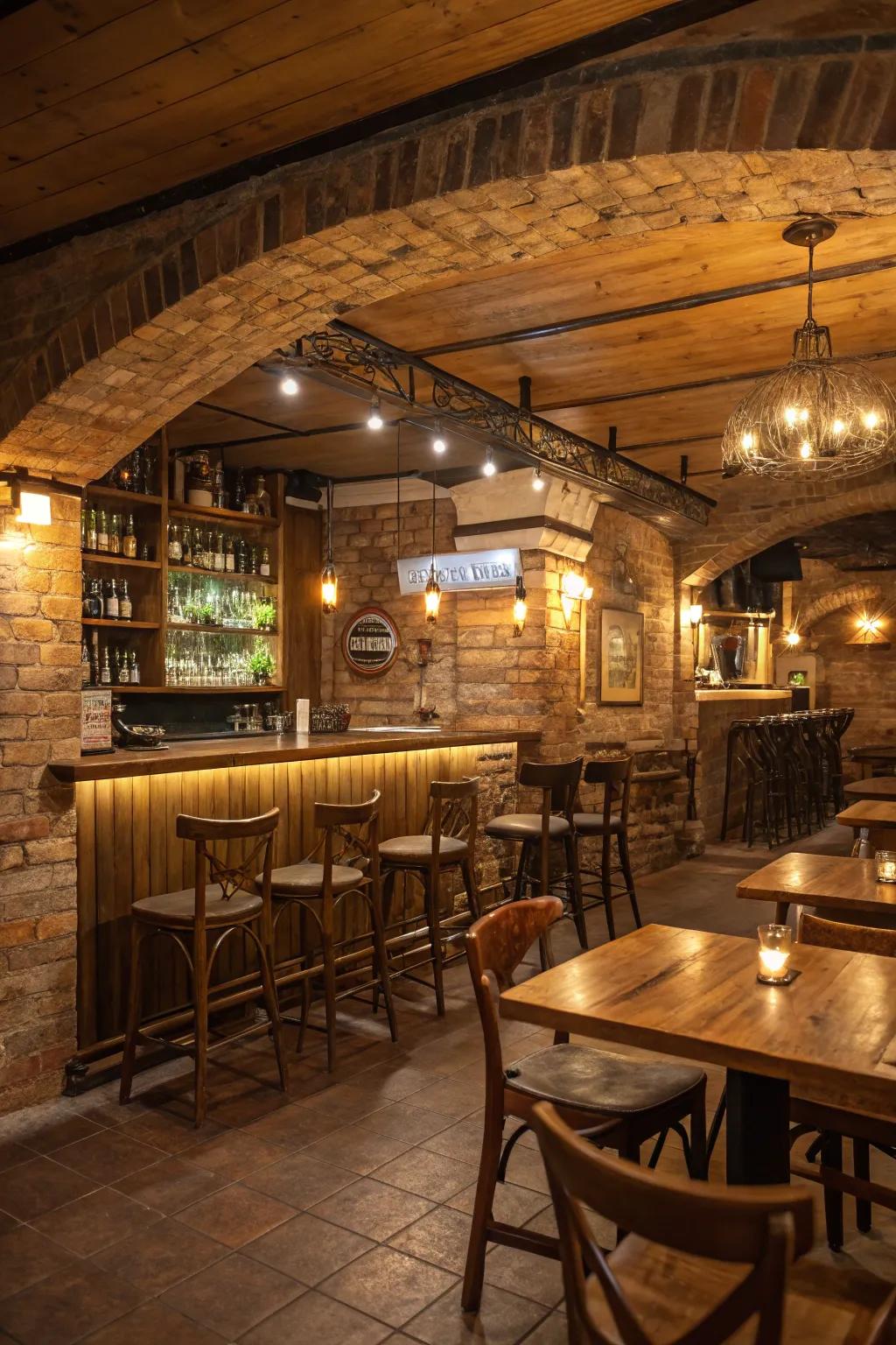 Gentle ambient illumination establishing the atmosphere for an affectionate bar adventure.