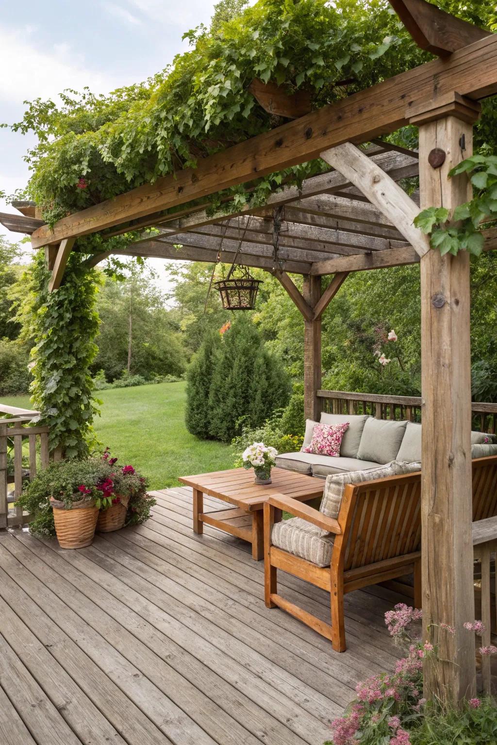 A lumber trellis delivers shade and flair to this open-air area.