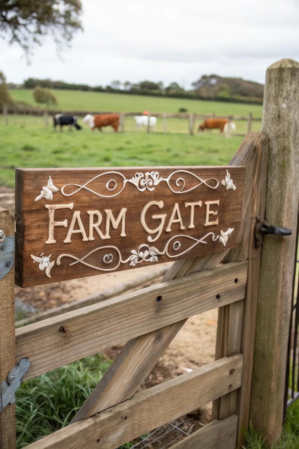A personalized gate showcasing a bespoke farm marker.