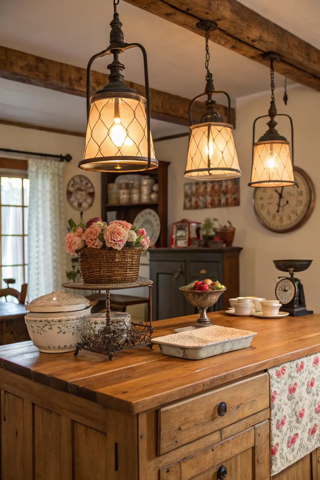 A farmhouse kitchen island embellished with heritage lighting and decor accents.