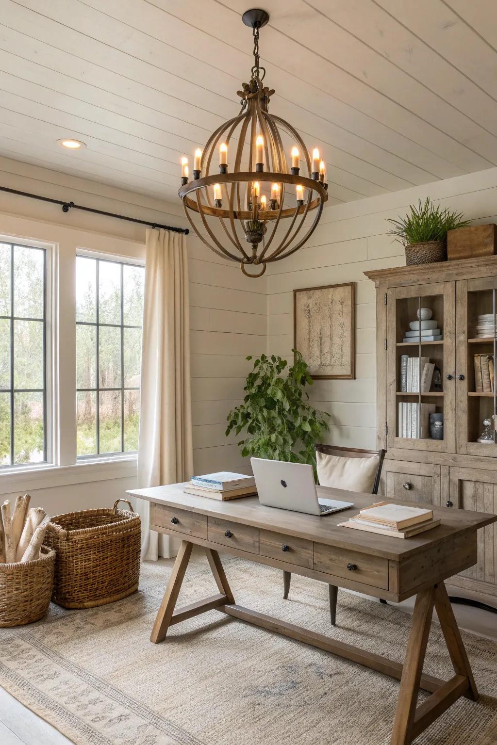 Brighten your workplace using a rural-inspired chandelier, blending elegance with countryside appeal.