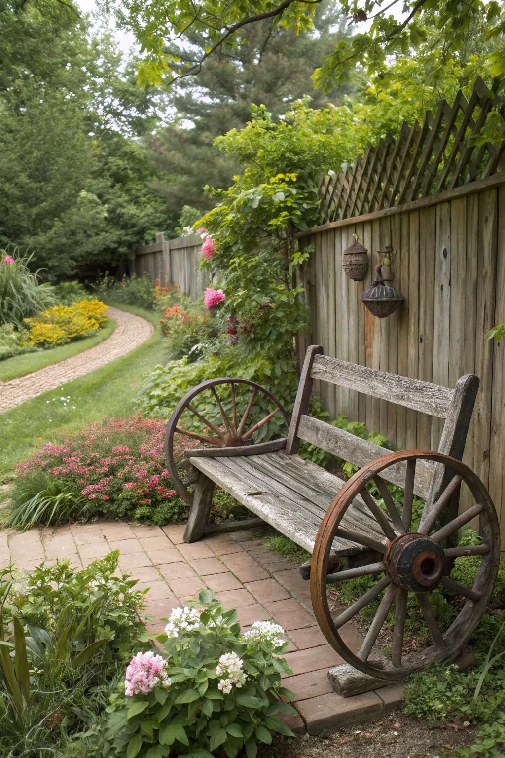 A garden bench with wagon wheels adding a vintage touch.