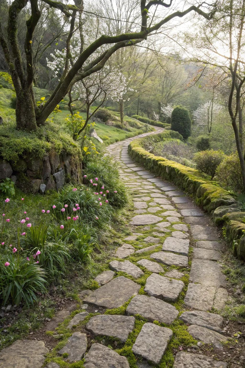 A meandering stone trail through an opulent traditional garden.