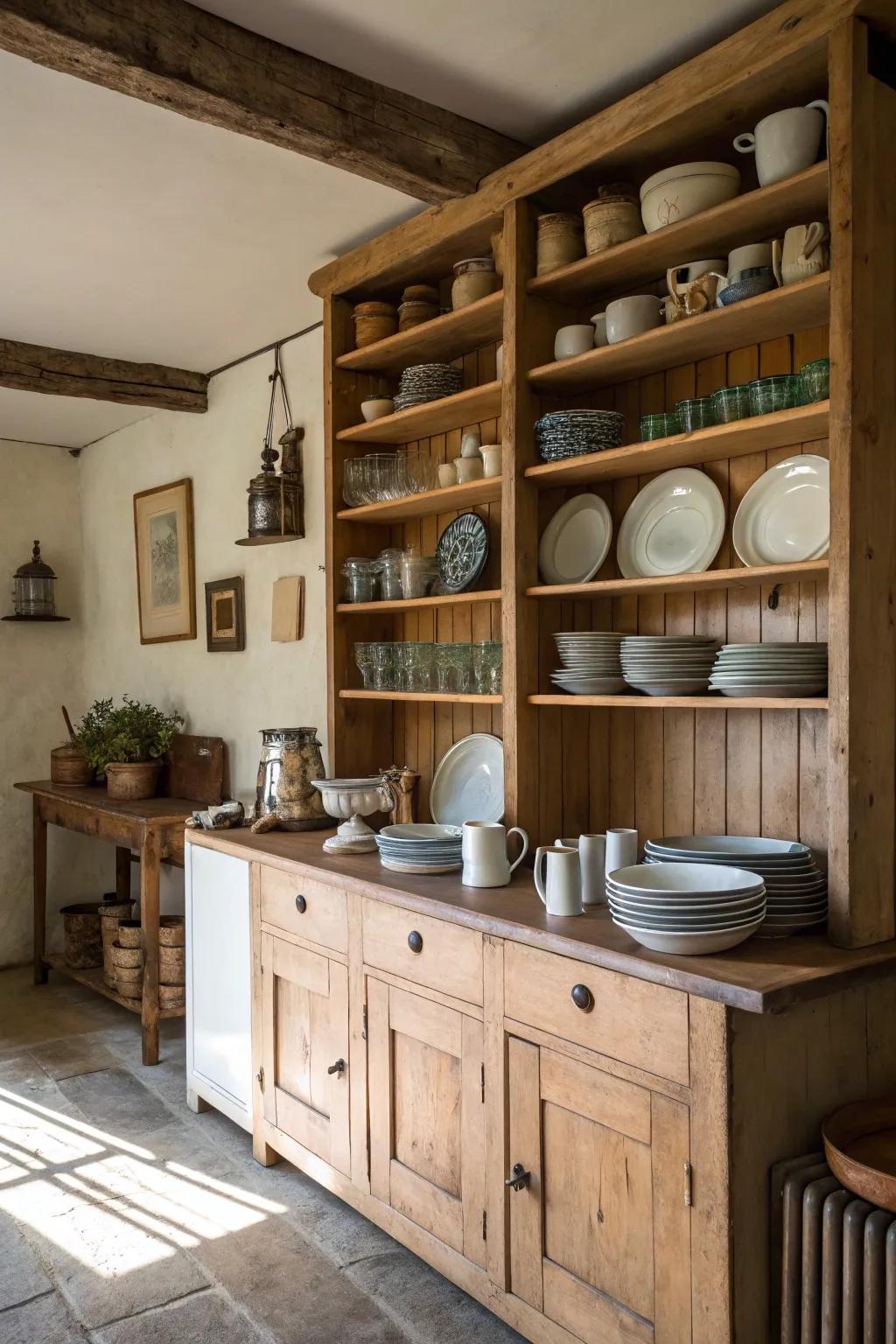 Exposed racks keep the cooking space bright and airy while exhibiting country kitchenware.