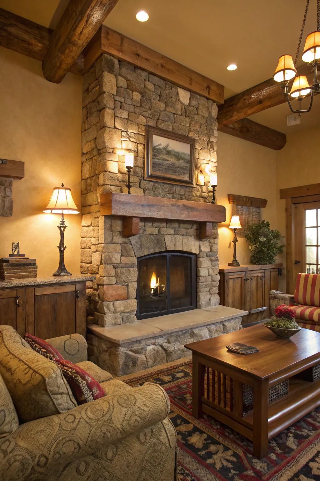 The stone hearth and toasty illumination fashion a snug, lodge-like environment.