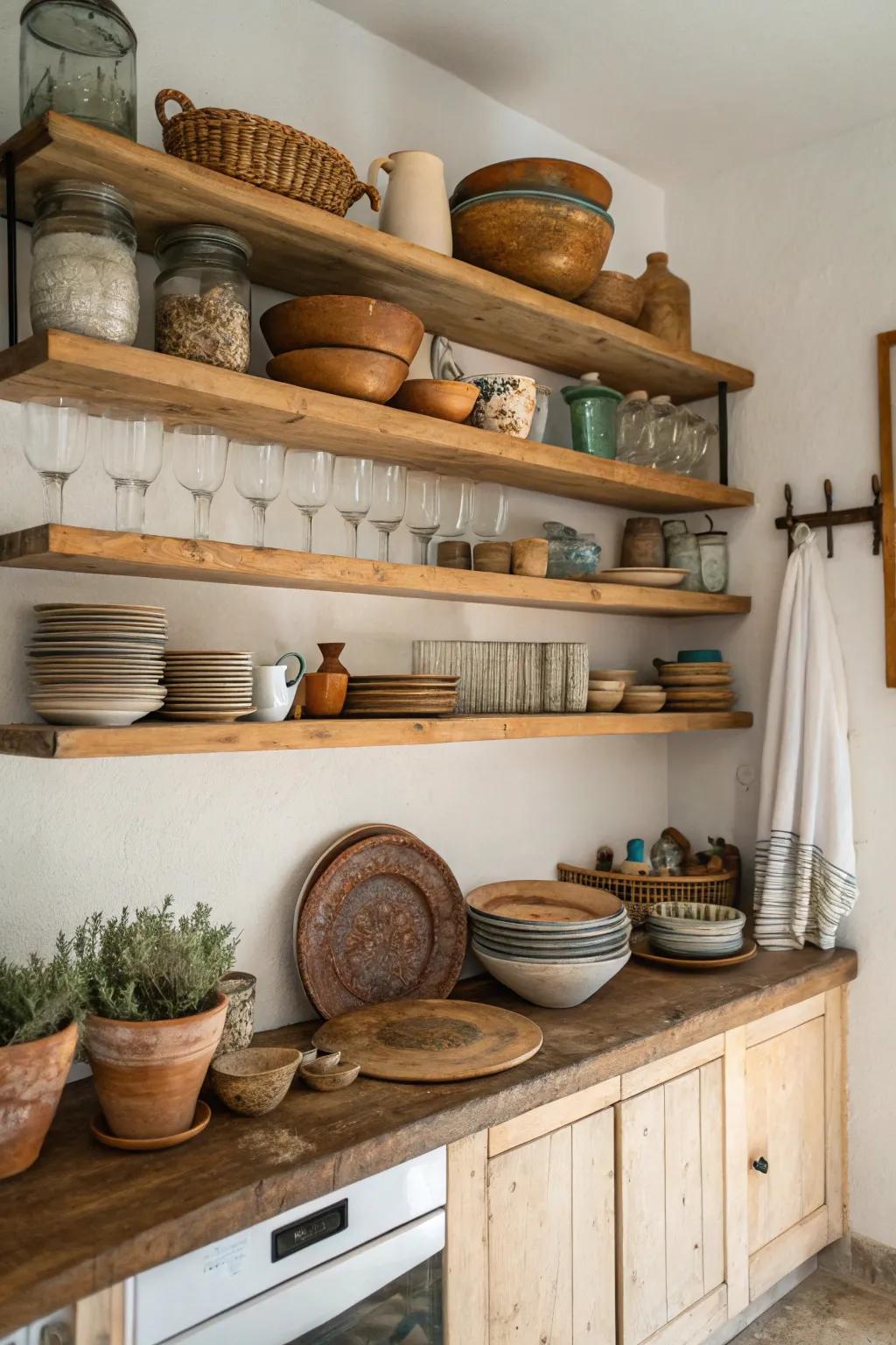 Display shelving balances aesthetic appeal with functionality in a rural house kitchen.
