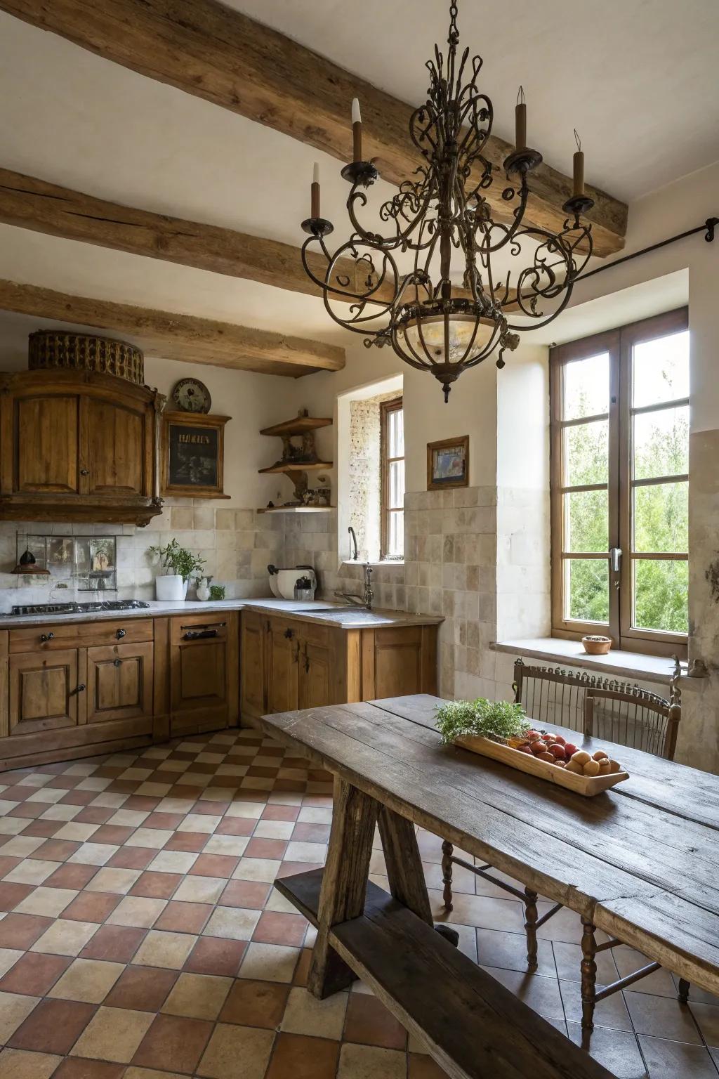 A wrought iron hanging light brings retro refinement to the kitchen.