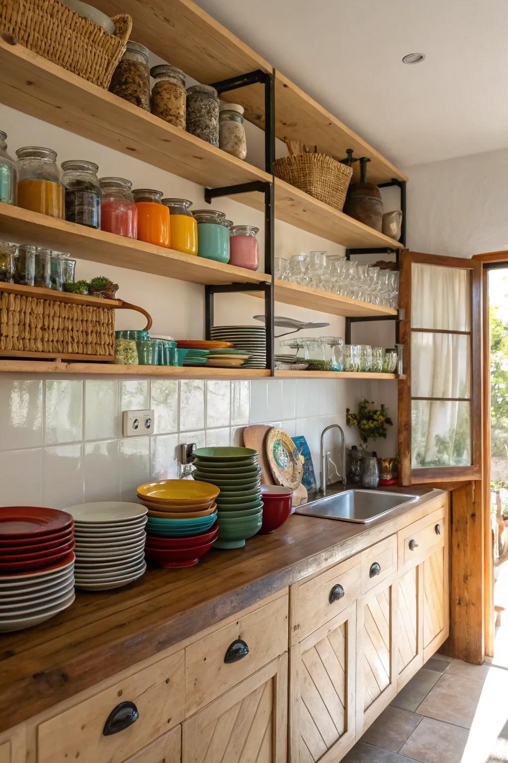 Accessible shelving introduces character and functionality to a compact kitchen.