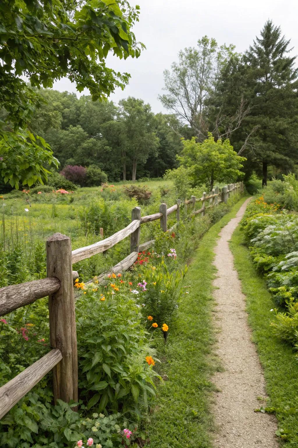 A garden walkway bordered by a country rail fence.