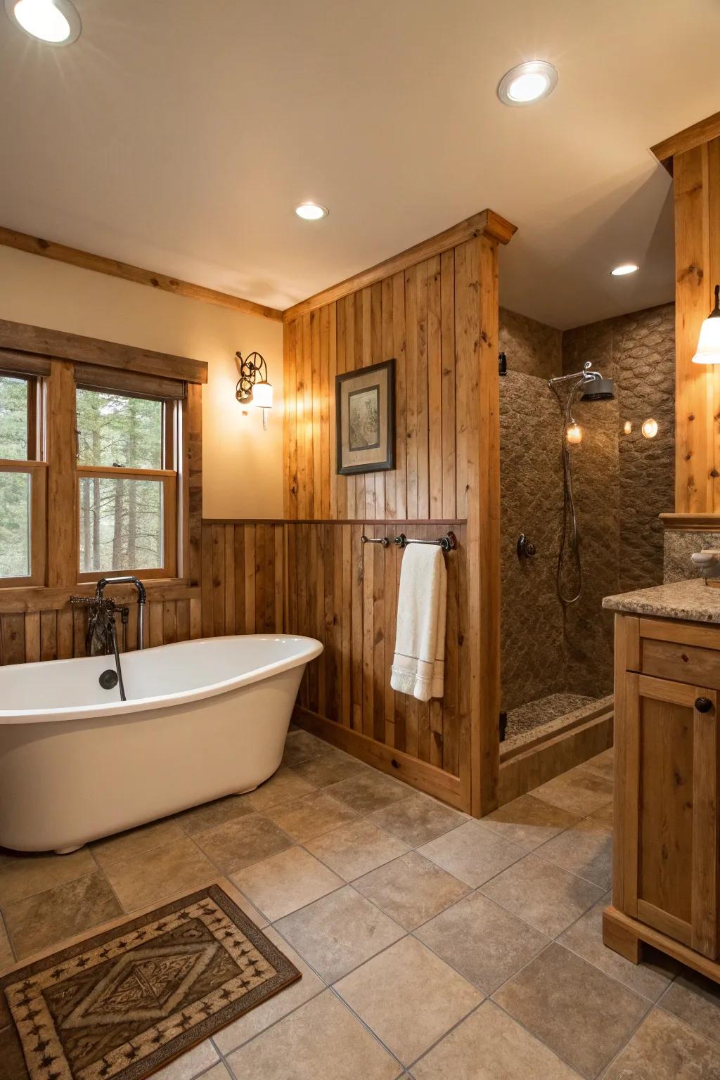 A lavatory retreat enhanced by countryside wainscoting.
