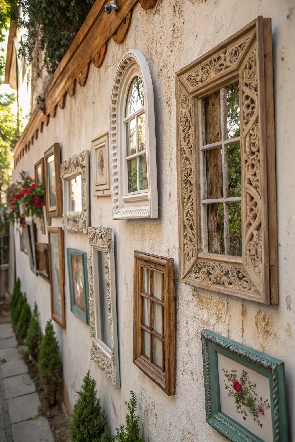 Aged window casements repurposed as unique and delightful wall adornments.