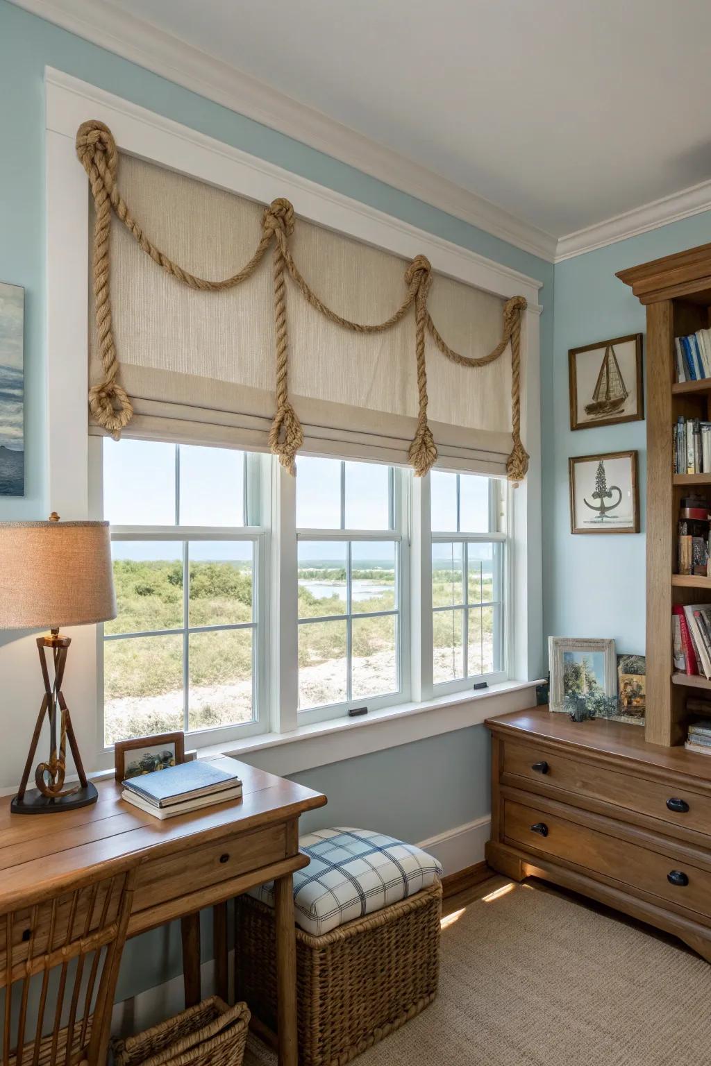 An ocean-inspired study featuring a country valance detailing rope features, adding a maritime charm.