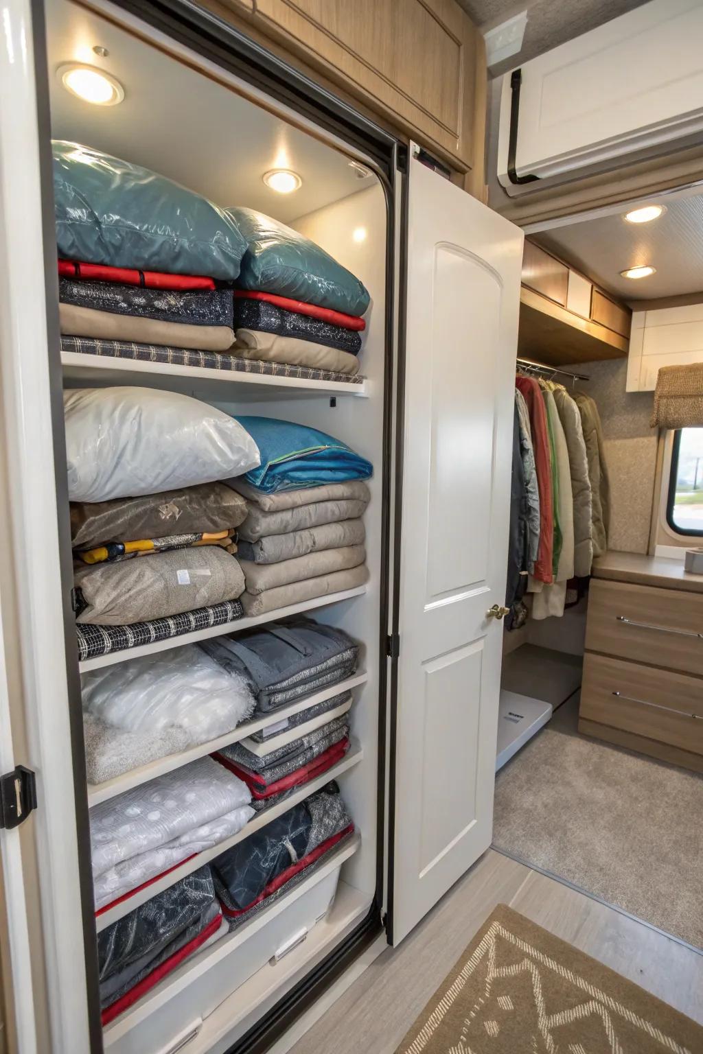 Air-tight bags provide compact storage for seasonal clothing inside an RV closet.