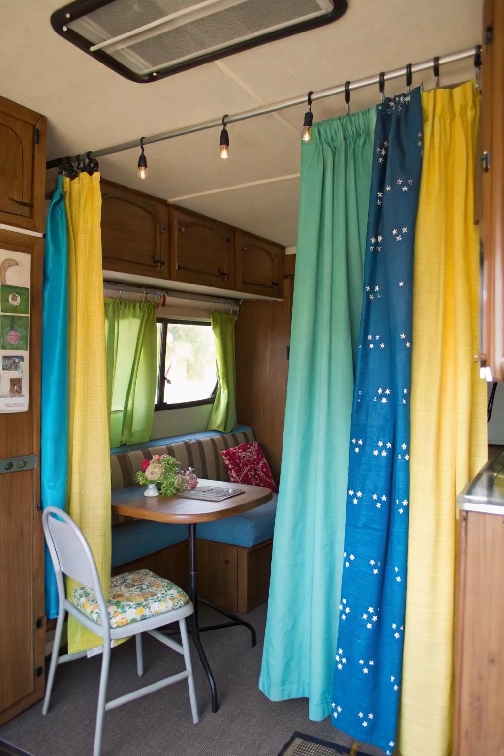 A splash of color with DIY curtains made from linens.