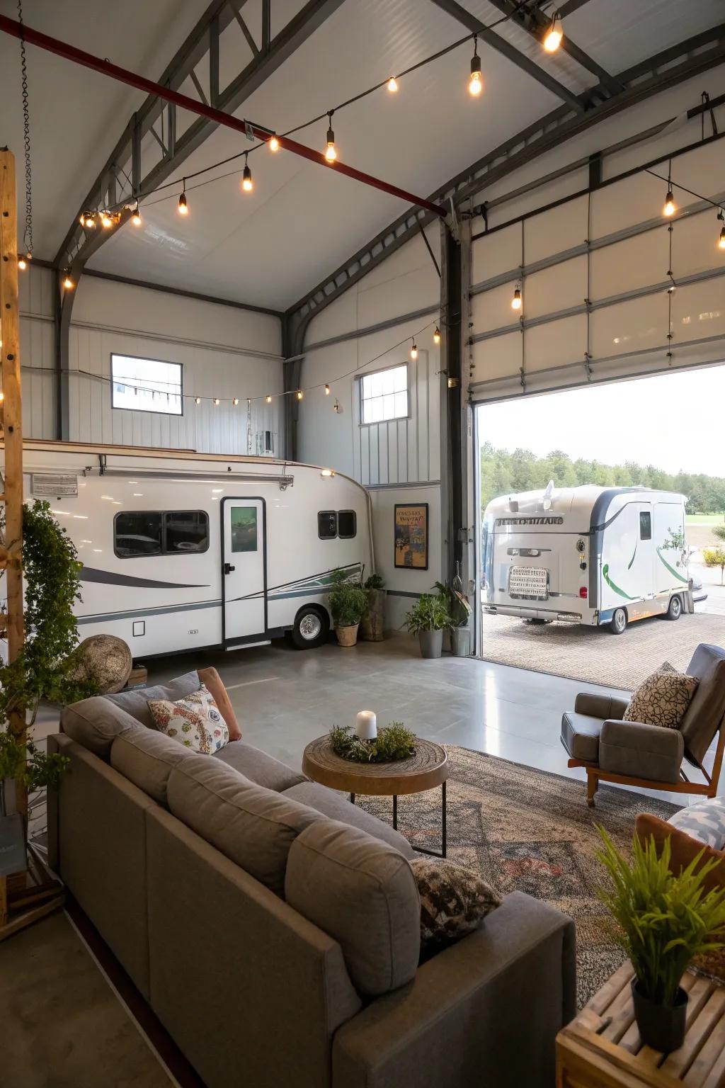An RV garage mezzanine creates an elevated cozy hideaway.
