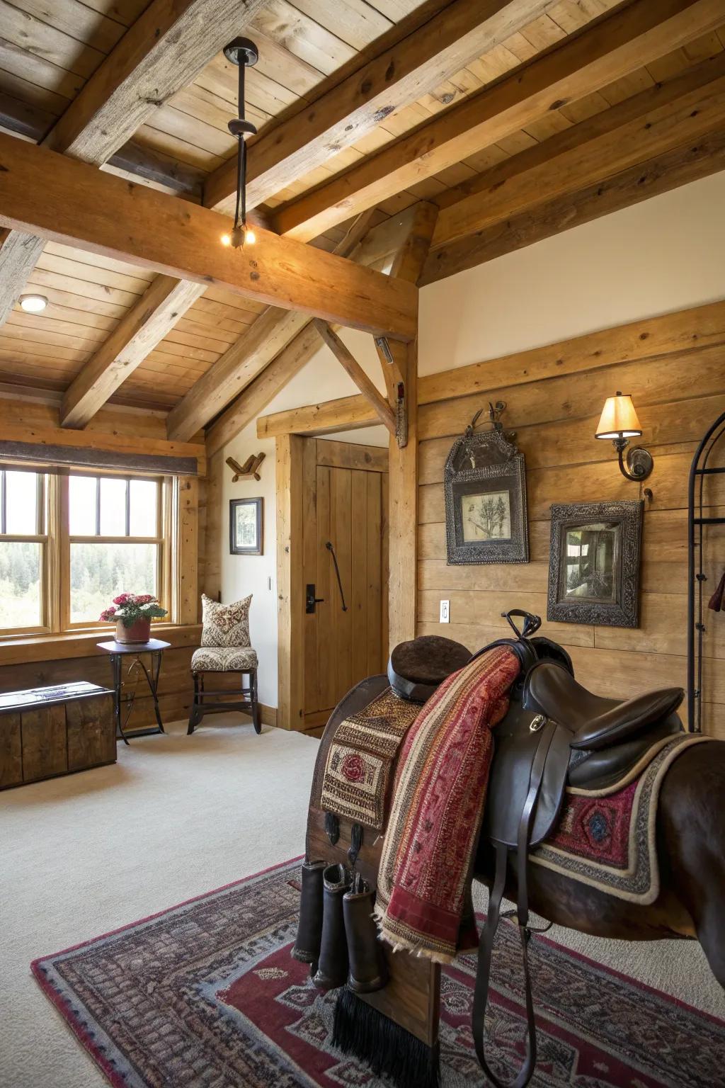 This Western-themed room flawlessly combines country-style elements and equine seat decor.