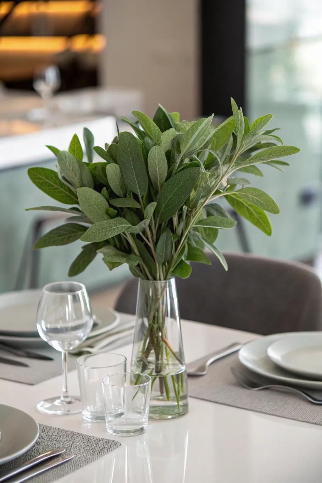 Minimalist elegance achieved with glass and sage green foliage.