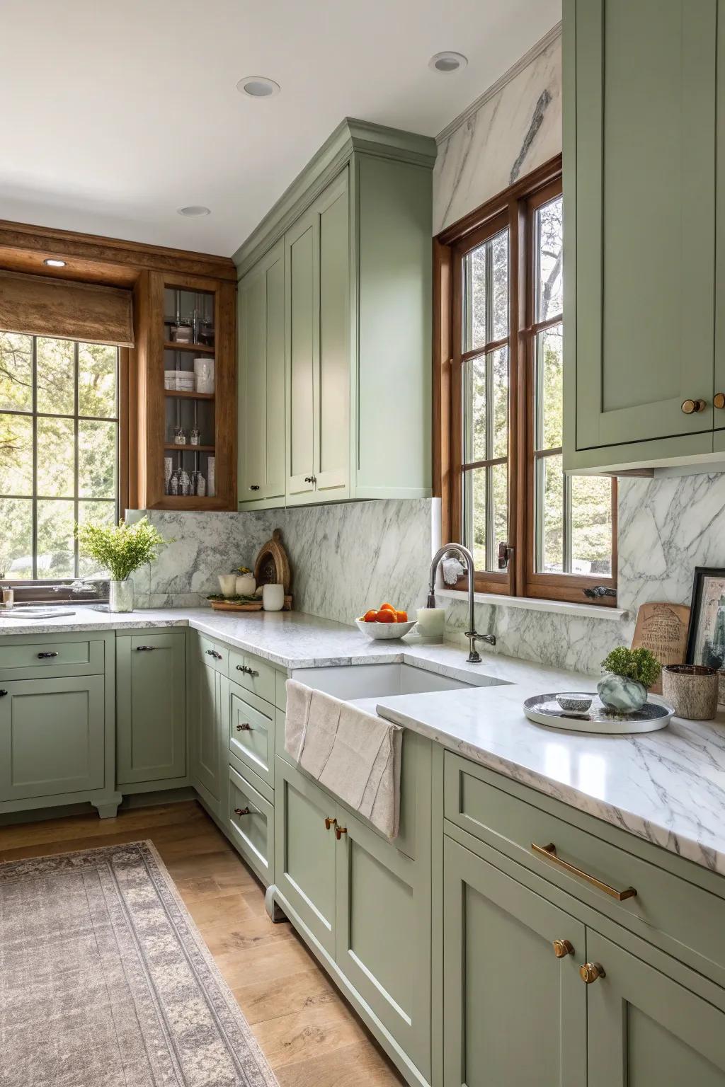 Marble worktops present a delightful contrast against sage green cupboards.