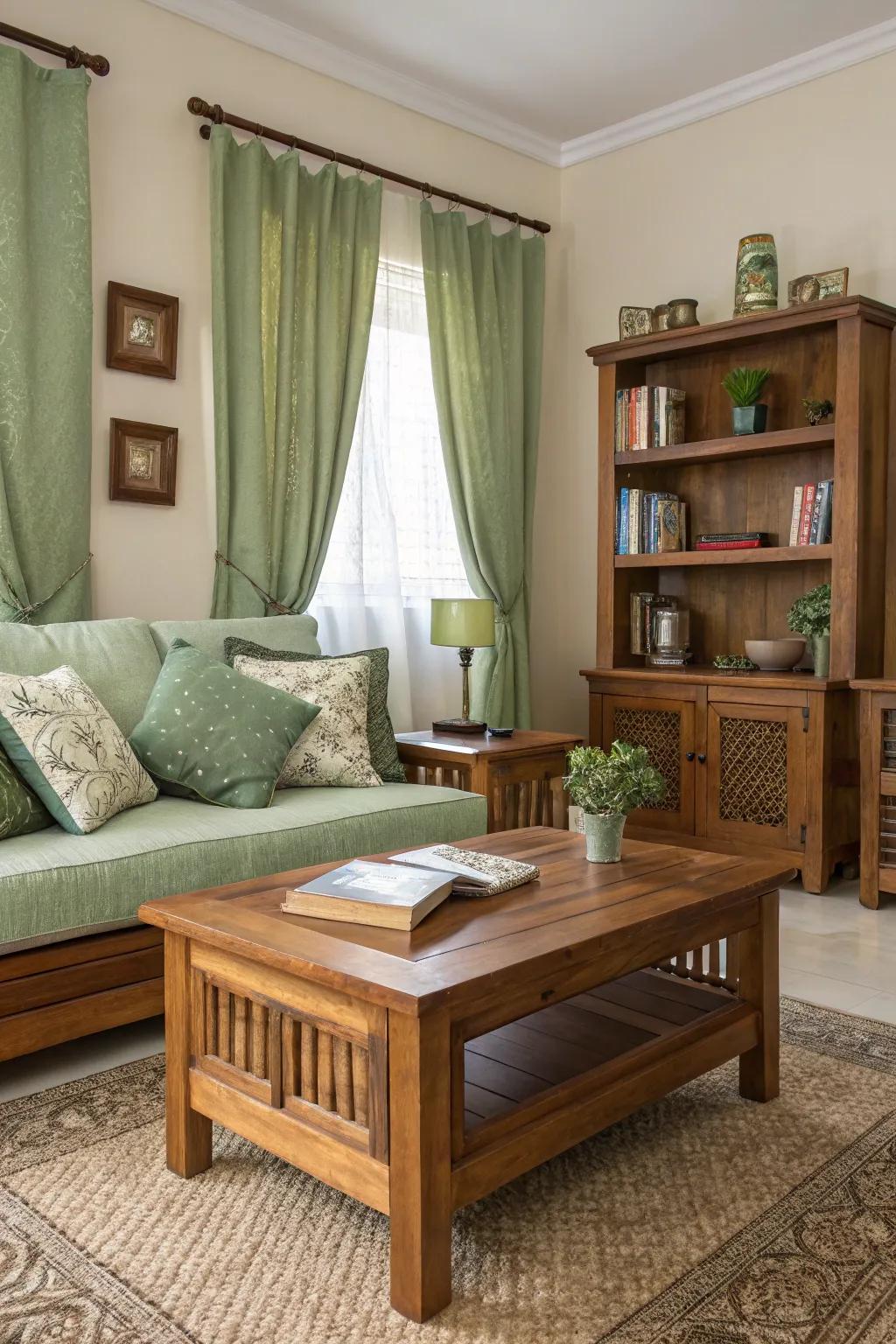 Wooden details accentuate the warmth of a sage green living area.