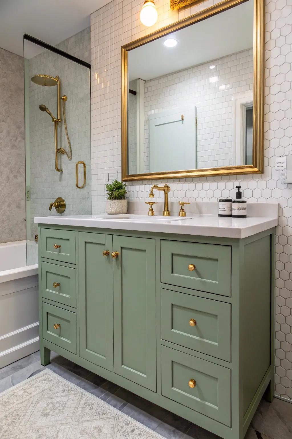 A stylish bathroom showcasing a sage green vanity complemented by brass fixtures.