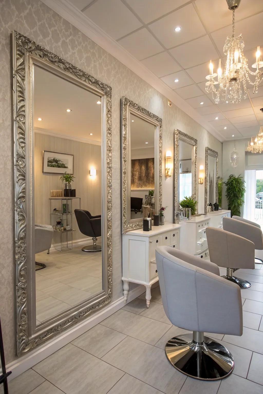 Full-length mirrors enhancing the salon's overall ambiance.