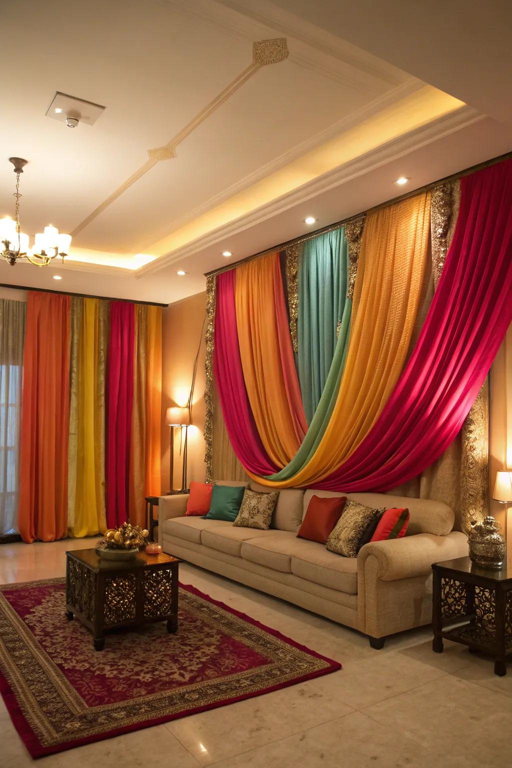 Colorful textiles promptly establish a celebratory ambiance.