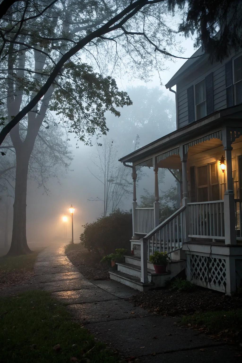 Smoke wafts across a softly illuminated veranda, adding a sense of mystery.