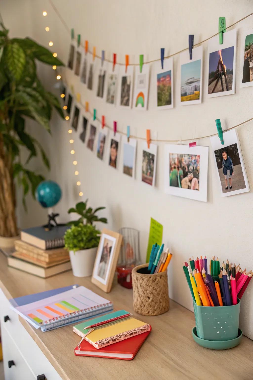 A fun display of school photos hung from a line.