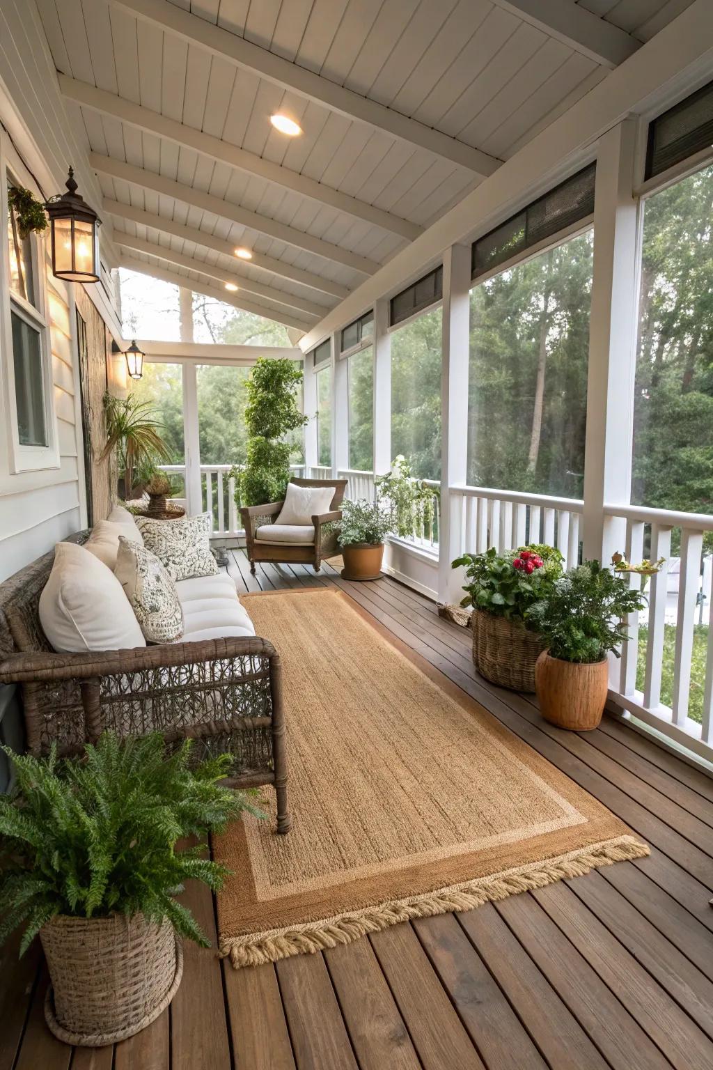 A natural textile floor covering adds texture and warmth to the porch.